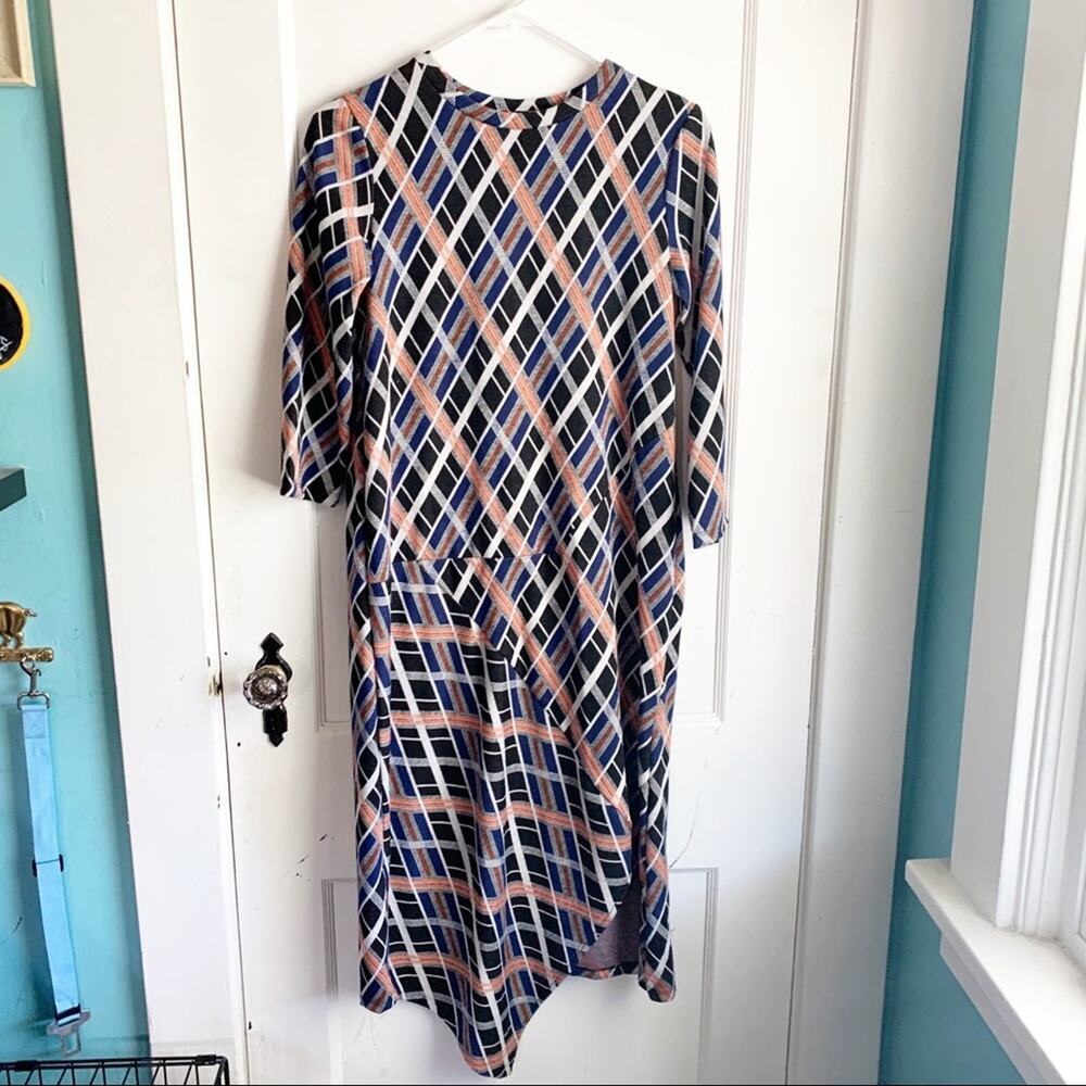 Zara Checked Striped Midi Dress Crewneck Asymmetrical Handkerchief Hemline Small